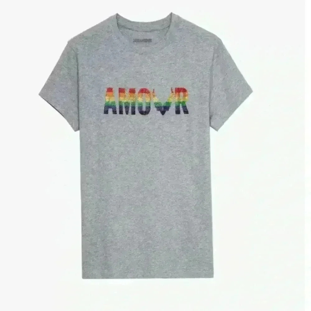 NWT ZADIG & VOLTAIRE Rainbow Strass Bling Zoe Amour Wings Tee Shirt Gray XS